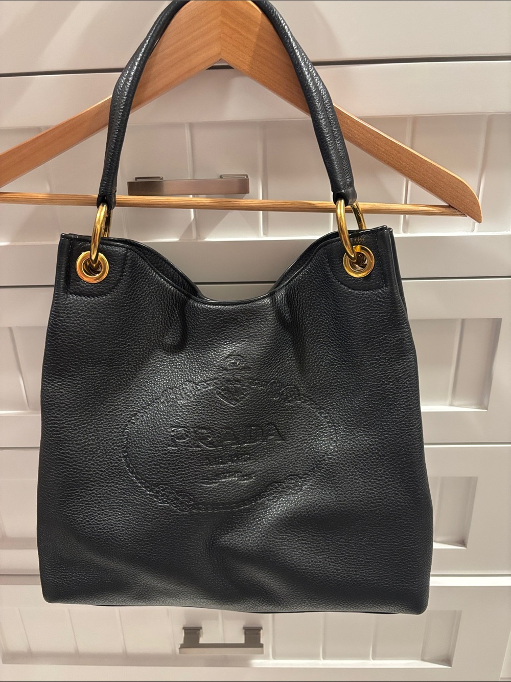 Prada Black Leather Shoulder Bag with Gold Rings